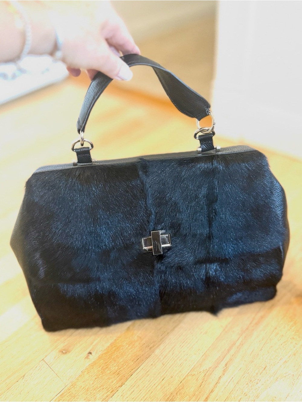Unique Mink Bag! Black Genuine mink Satchel with Turn-Lock Detail